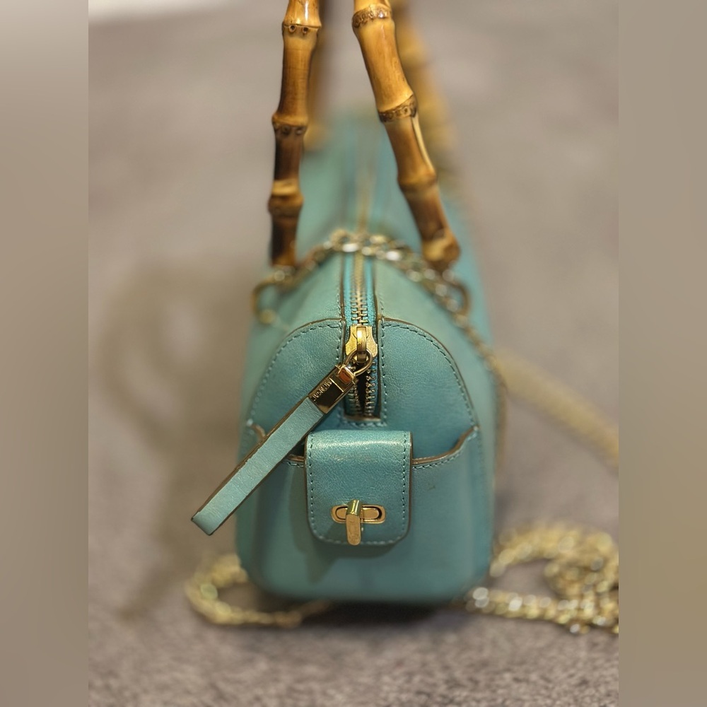 MONSAC Blue Genuine Leather Gold Accent Mini Barrel Bag with Bamboo Handles - Picture 2 of 9